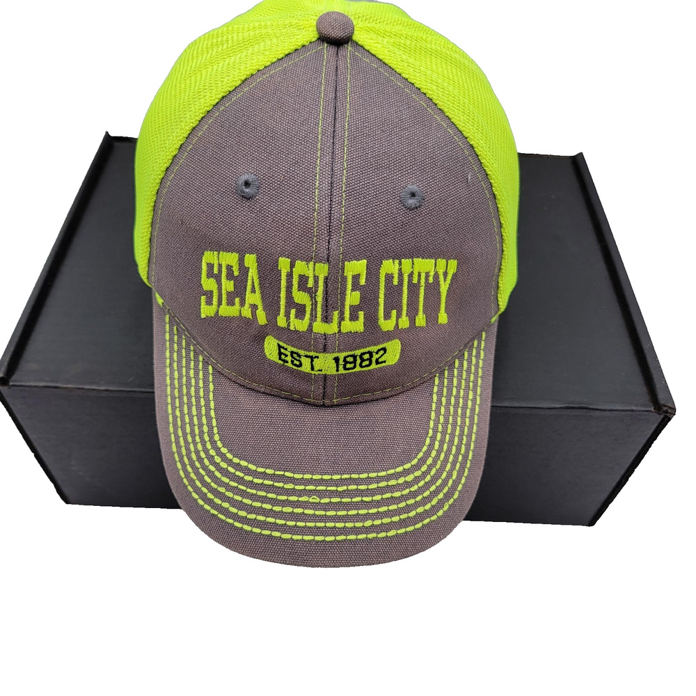 Sea Isle City Hat Cap Snap Back Gray Neon Yellow Mesh Trucker Embroidered Mens